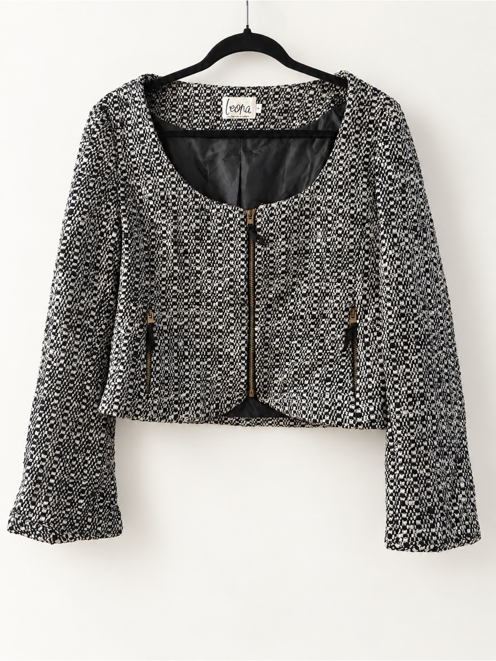 Leona Black & White Tweed Zip-Front Cropped Blazer
